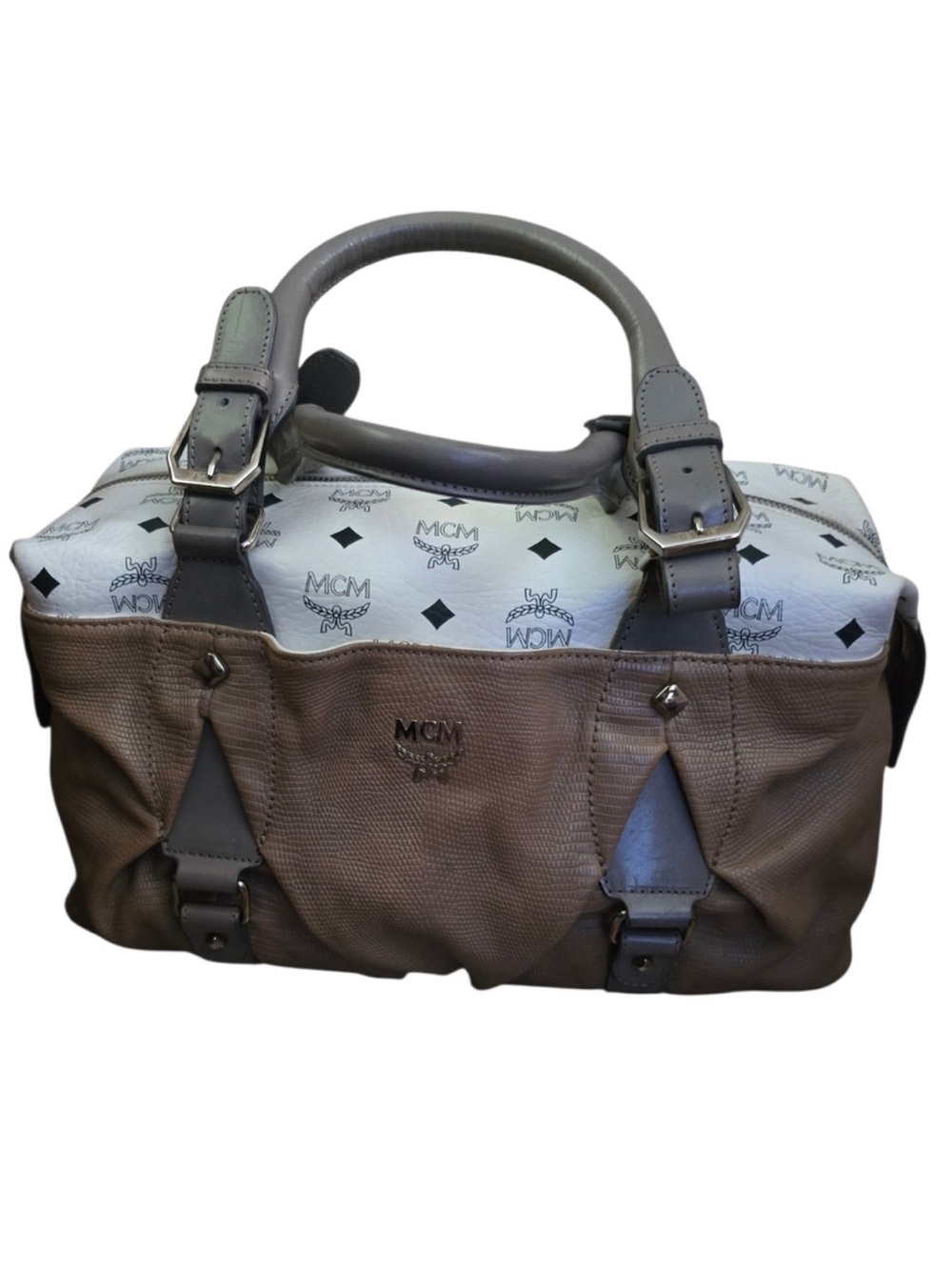 MCM Brown and White Logo extra large vintage Satchel Bag
